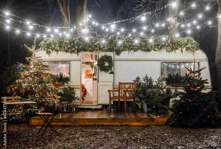 Holiday decorated travel trailer