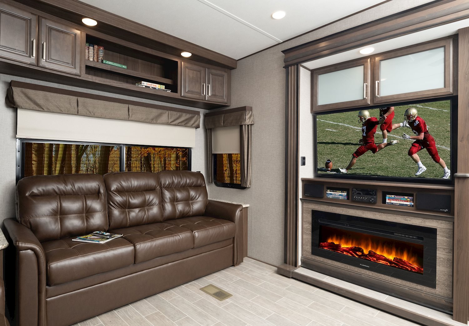 keystone avalanche fifth wheel common area with fireplace