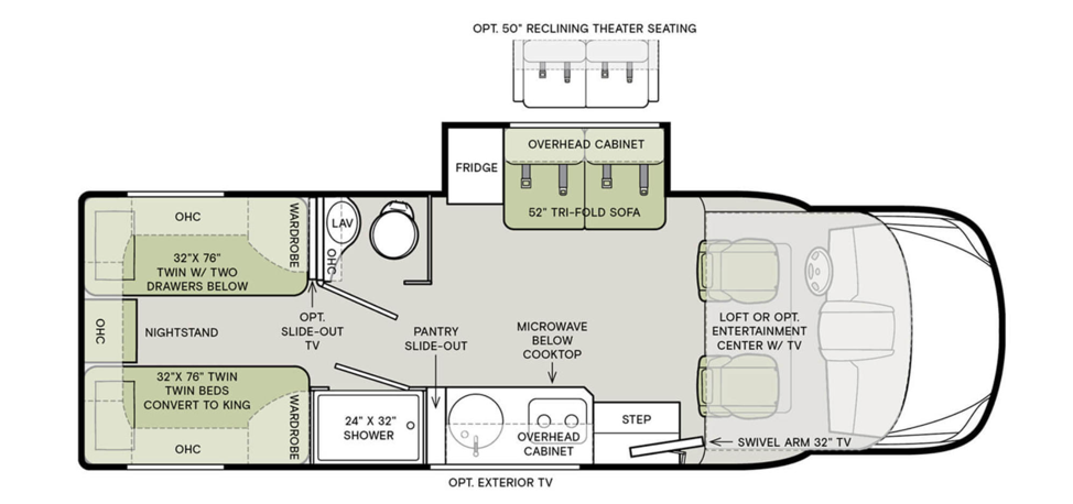 The floorplan of the 2020 Tiffin Wayfarer 24TW featuring a tri-fold sofa and a 6 cubic foot fridge. 