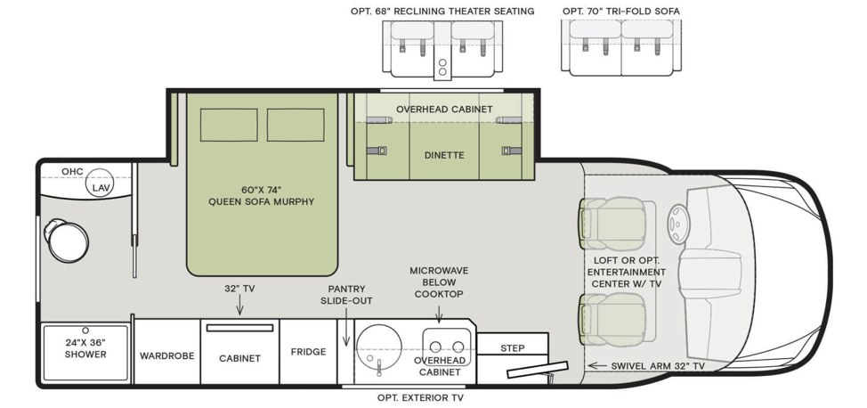 The floorplan of the 2020 Tiffin Wayfarer 25RW featuring a queen murphy bed.