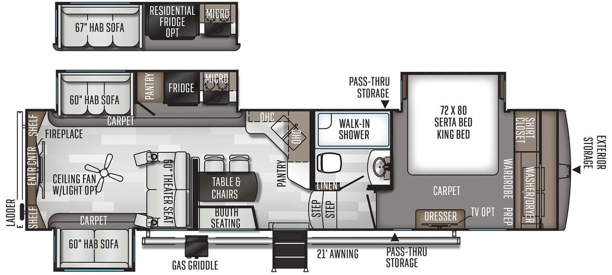 The floorplan of the 2020 Rockwood Ultra Lite 8298KS.