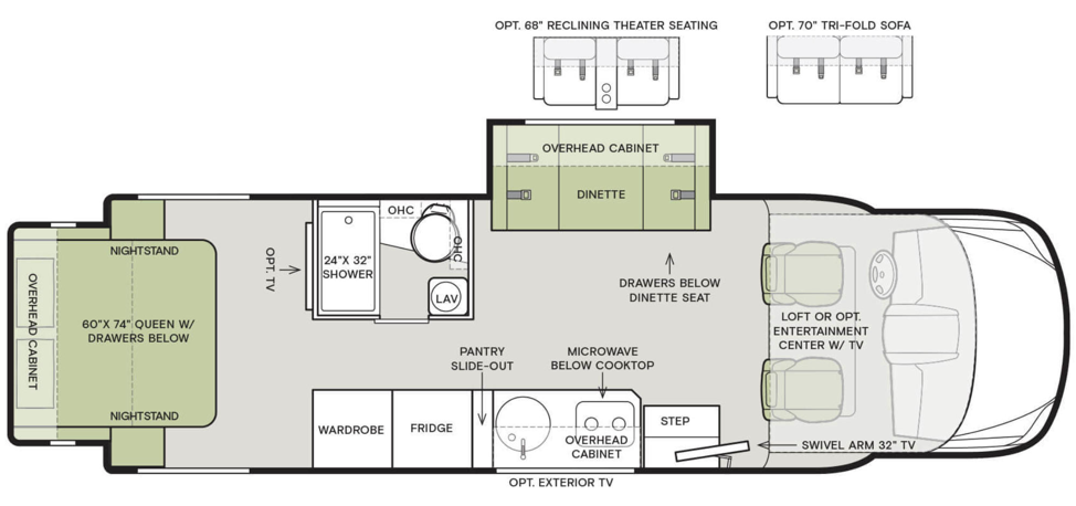 The floorplan of the 2020 Tiffin Wayfarer 25 QW featuring a queen bed with drawers below. 