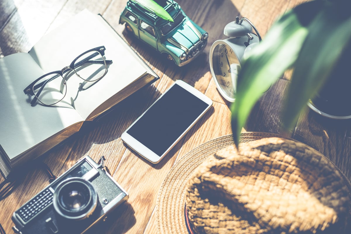 Desk with phone, camera and notebook