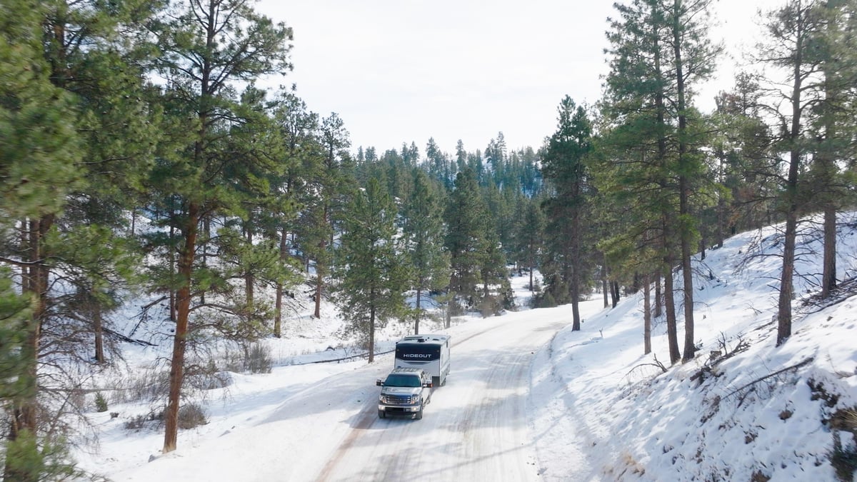 travel trailer rv driving through a snowy background