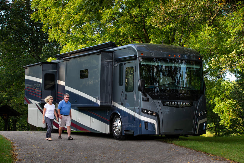 The 2018 Winnebago Forza with a couple walking in front of it as it is parked.