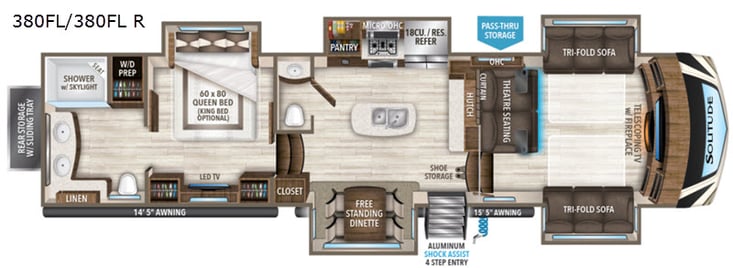 This is the floor plan of the 2020 Grand Design Solitude 380FL-R. The fifth wheel has a front living room for a comfortable at home feel.