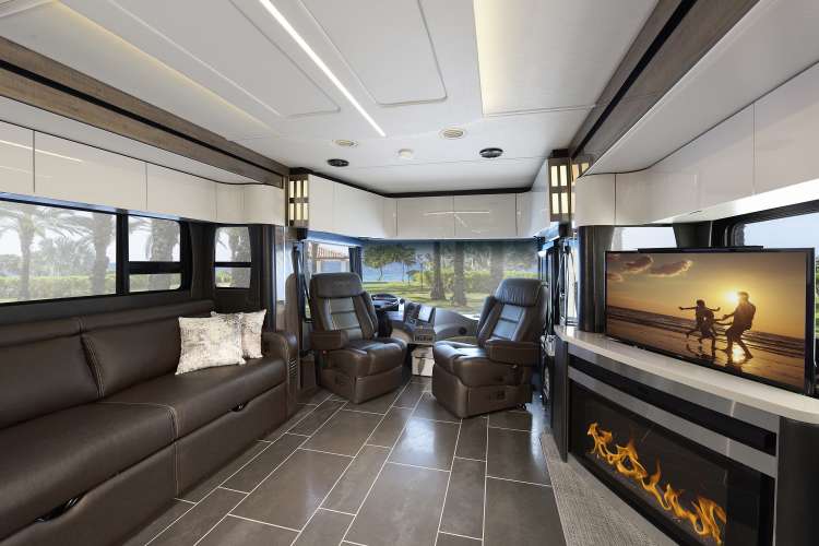 The interior of the new 2020 Winnebago Horizon 40A featuring mica decor with smoke cabinetry.