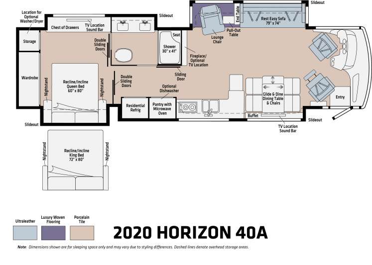 The floorplan of the 2020 Horizon 40A featuring a double sink vanity, wardrobe, and a queen-sized bed. 