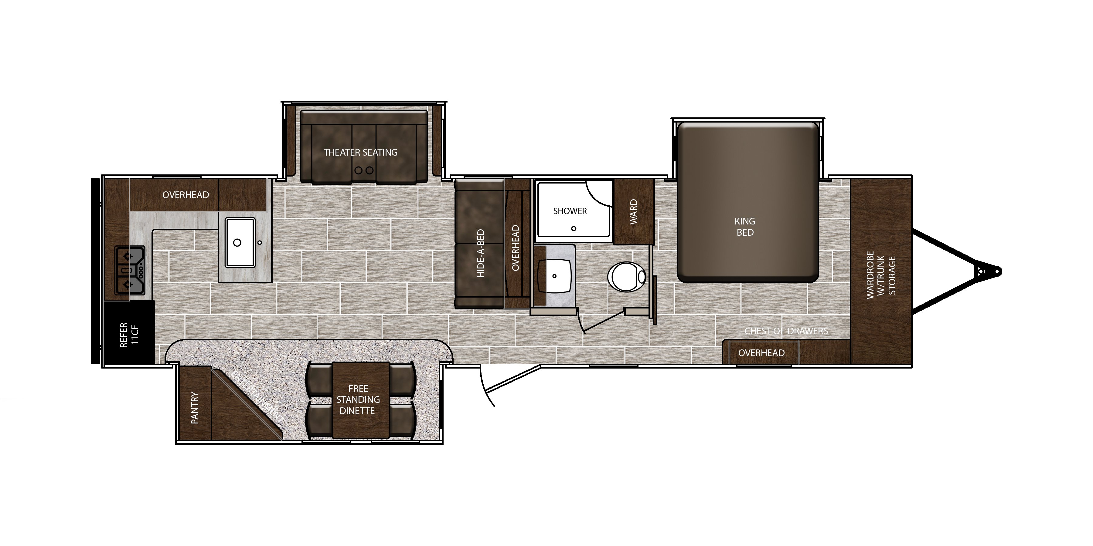 Prime Time LaCrosse 3311RK floorplan with rear kitchen