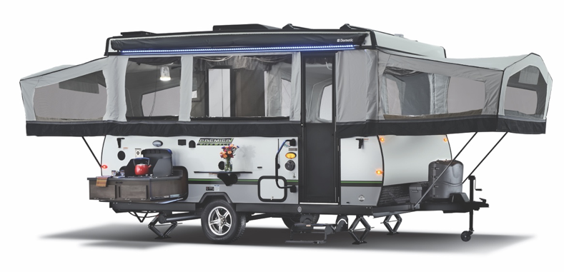 This is the exterior of the 2020 Rockwood High Wall Series folding pop-up camper. 