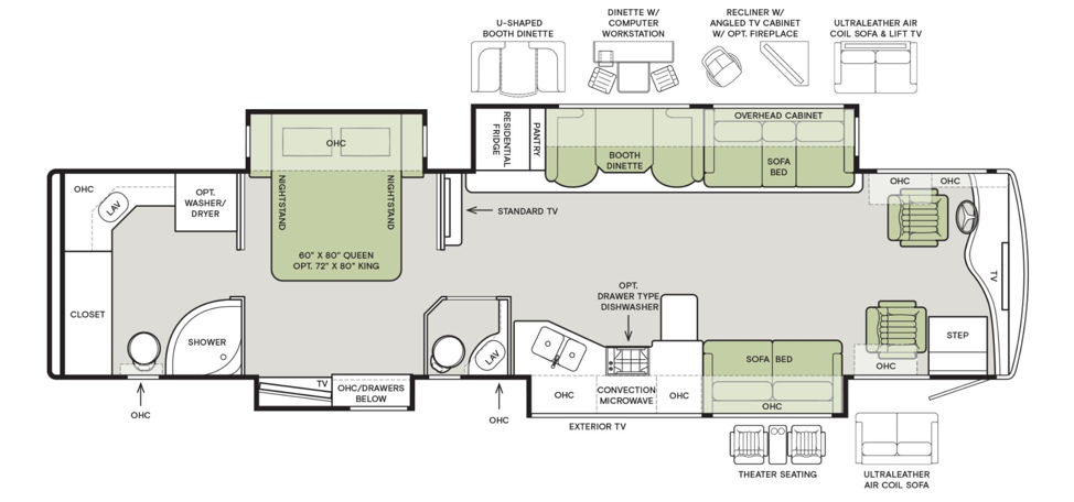 The floorplan of the Tiffin Phaeton 40 QBH.