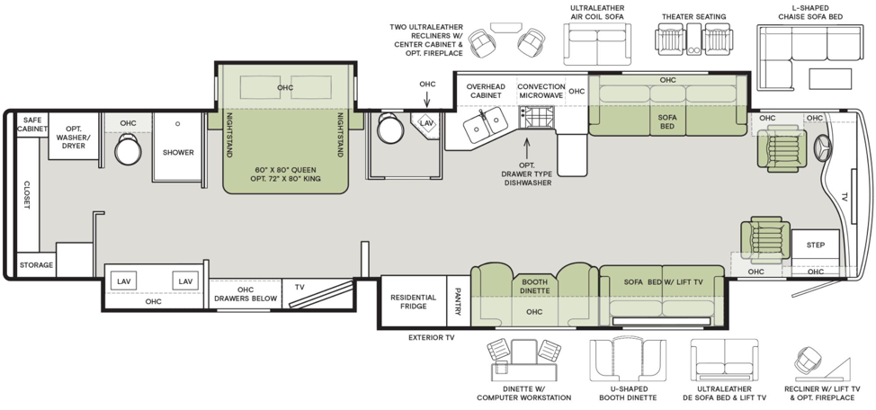 The floorplan of the 2020 Tiffin Phaeton 44 OH featuring a bath and a half. 