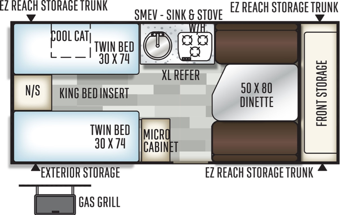 The floorplan of the 2020 Forest River RV Flagstaff SE featuring two twin beds floor plan
