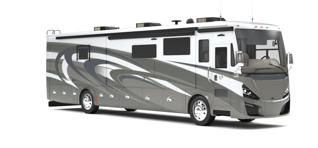 The exterior of the 2020 Tiffin Phaeton with BASF paint, in Frosted Granite.