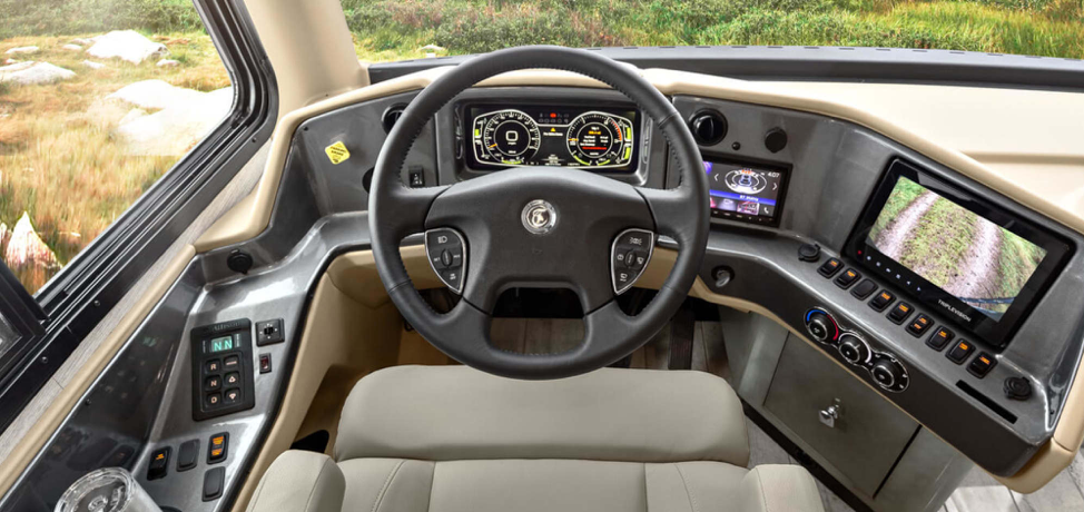 The dash in the cockpit of the 2020 Tiffin Phaeton.