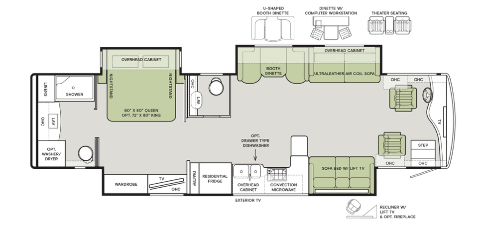 The floorplan of the 2020 Phaeton 37 BH featuring a full and a half bath.