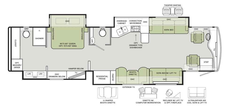 The floorplan of the Phaeton 40IH featuring residential kitchen amenities. 