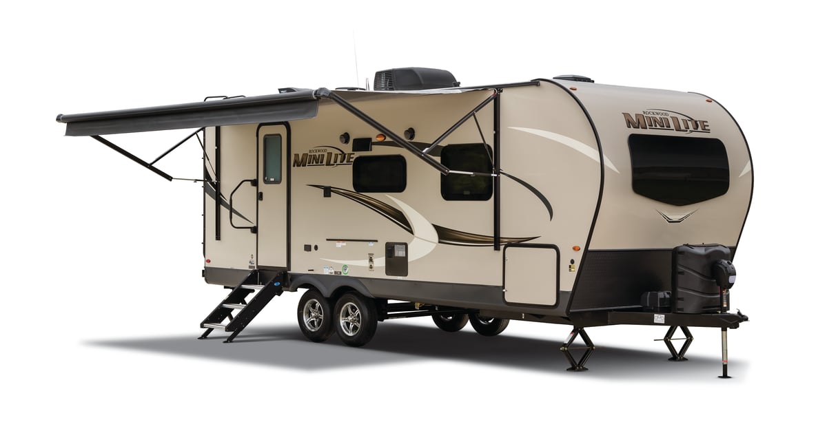 The exterior of the 2020 Rockwood Mini Lite travel trailer featuring a retractable awning. 