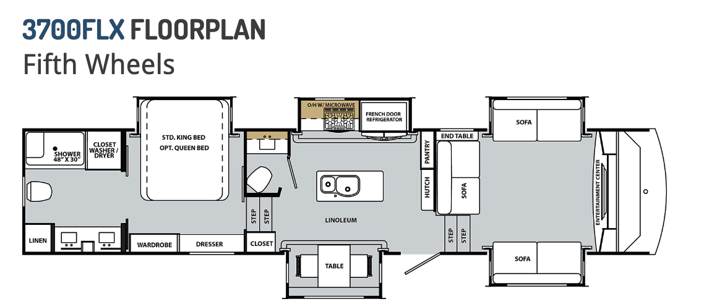 This is the floor plan of the 2020 Forest River Cardinal Luxury 3700FLX. The fifth wheel has a front living room for a comfortable but luxurious feel.  