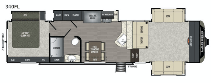 The floor plan of the new 2020 Keystone Laredo 353FL Fifth Wheel featuring a front living room and master bedroom.