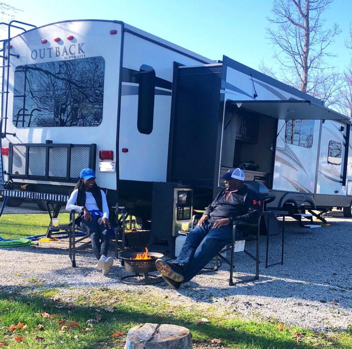 The Browns enjoy outdoor cooking, sitting by the fire pit and having fun with the local RV community 