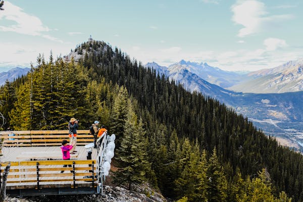Family looks at mountain views from a scenic overlook