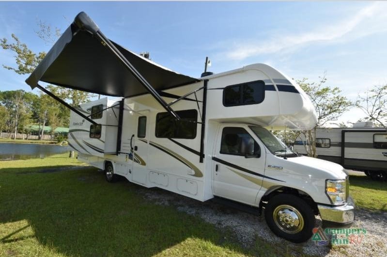 exterior with awning extended forest river forester class c motorhome