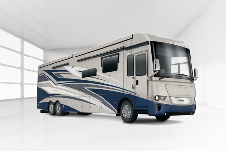 A Newmar Class A motorhome in a crisp, white room. 