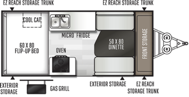 The floorplan of the Rockwood Hard Side High Wall A212HW folding pop-up camper that is perfect for couples.