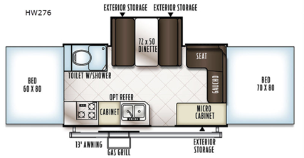 The Rockwood High Wall HW276 folding pop-up camper featuring a toilet with a shower. 