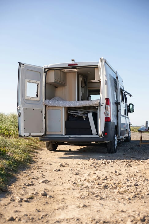 Class B RV set up in the desert