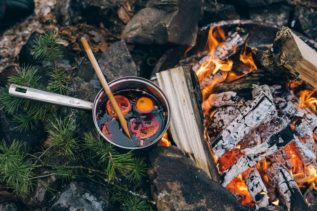 A pot of fruit sits beside a campfire