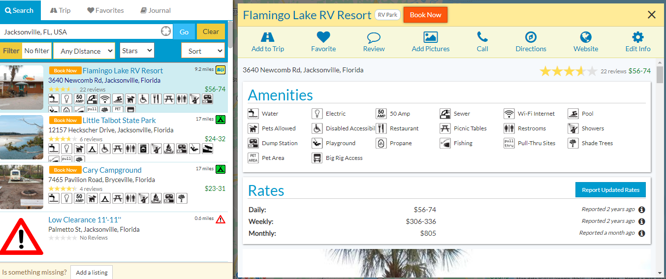 rv parky sidebar list of rv campgrounds and preview page