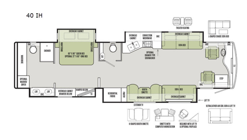 The new 2020 Tiffin Phaeton 40IH floorplan, featuring a recliner with lift television and an optional fireplace.