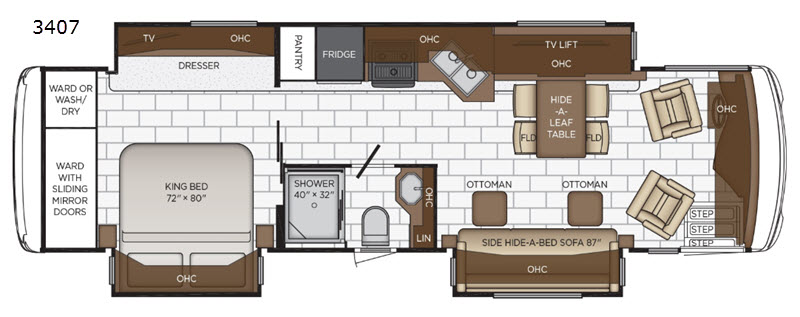 A floorplan of the new 2020 Newmar Ventana 3407 featuring a king bed and one-and-a-half bedrooms.