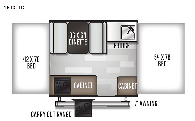 The floorplan of the Rockwood Freedom Series 1640LTD pop-up camper