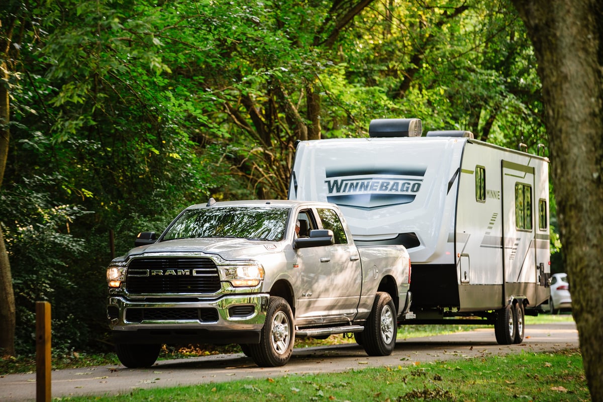 winnebago minnie travel trailerhookedup to a truck for towing